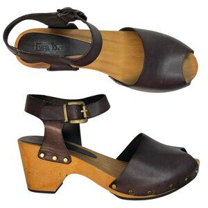 Lisa B. Peep Toe Clogs Low Wood Heel Chocolate Brown Leather 40 8.5/9